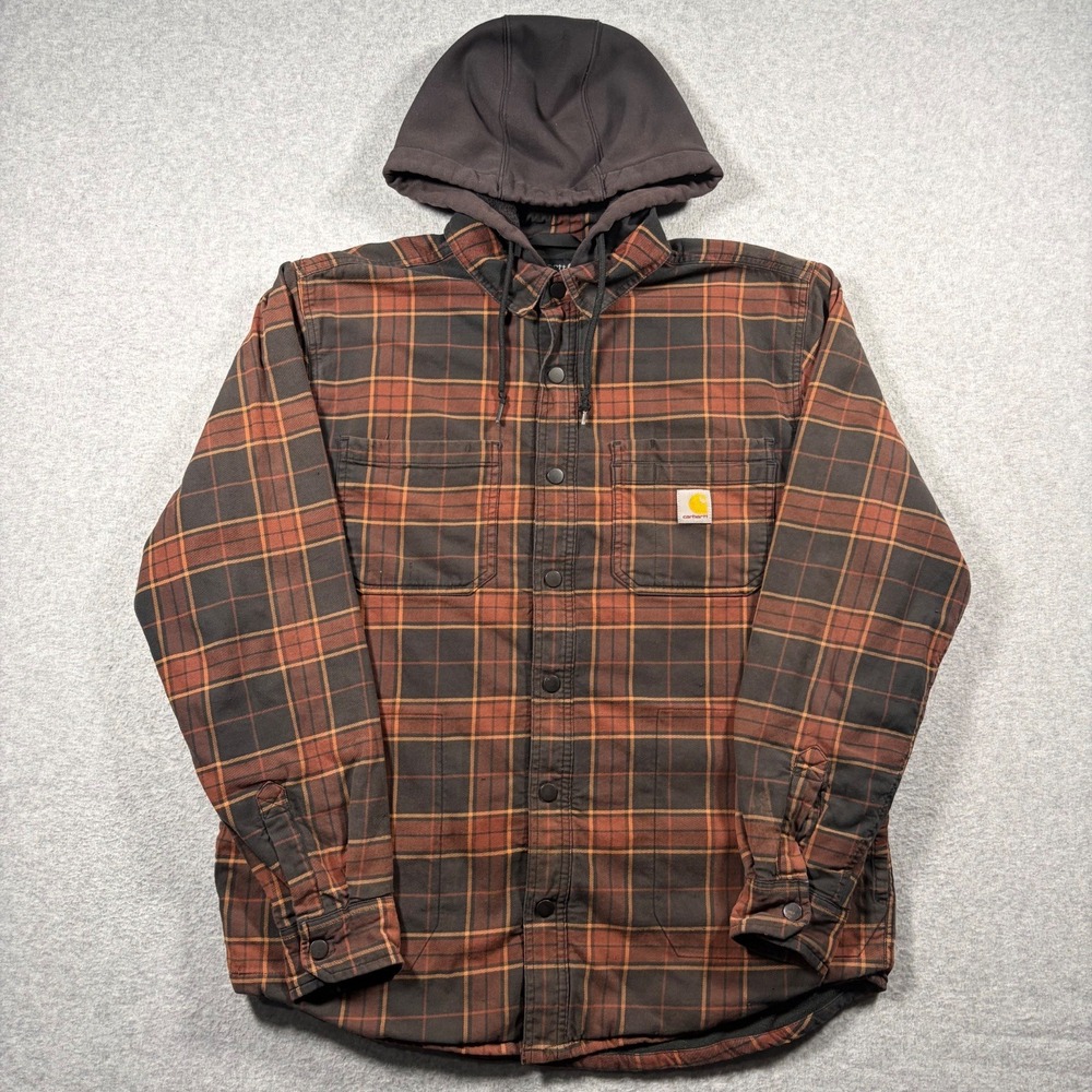 Carhartt Rugged Flex Fleece Lined Hooded Plaid Flannel Jacket Mens Medium Brown